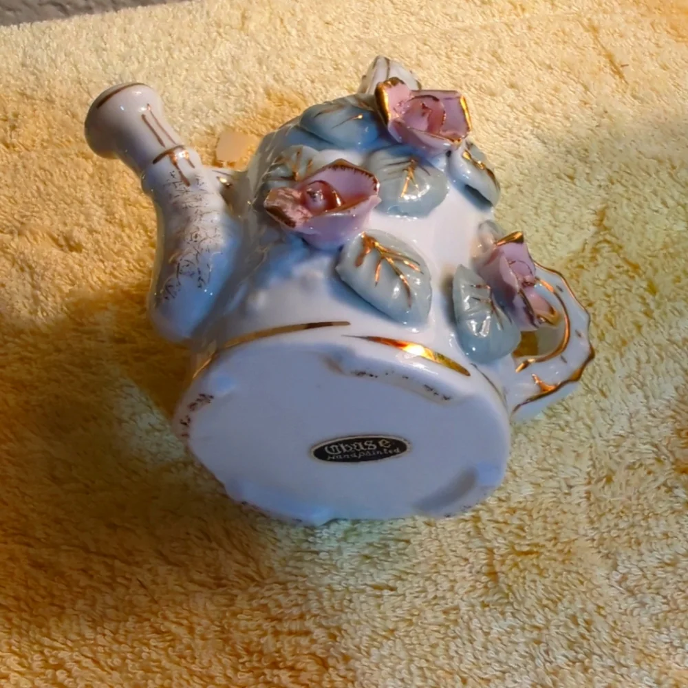 Vintage 1950's 3D Vase Pink Roses Ribbed Watering Can Gold Trim Chase Handpainte